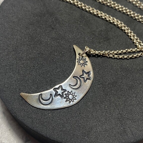 STERLING SILVER Moon & Stars Crescent Pendant Necklac… - Gem