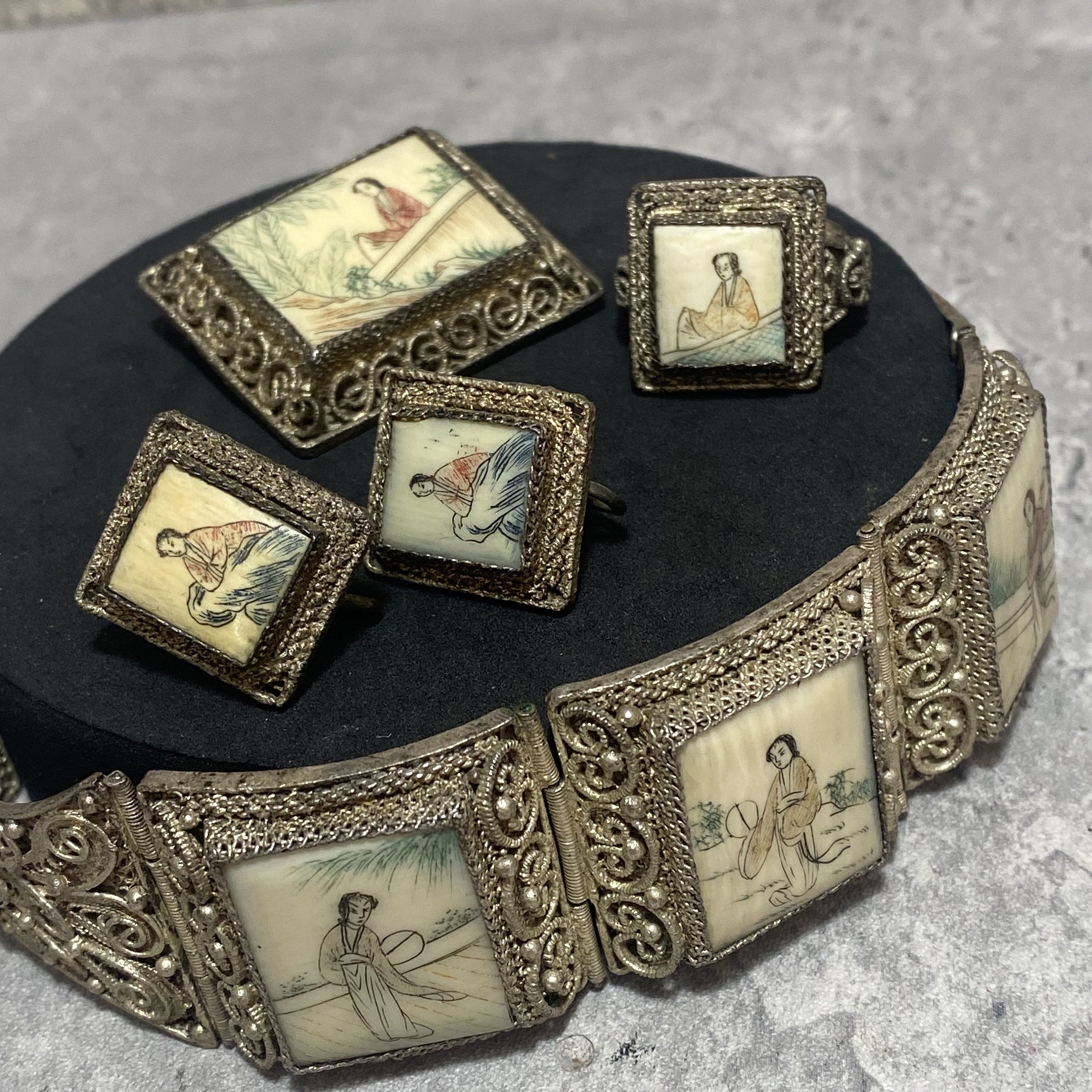 ANTIQUE Chinese Panel Bracelet, Ring, Brooch & Earrings With