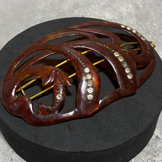 VINTAGE Art Deco Celluloid Oval Hair Clip 1930s Rhinestone  display picture 1