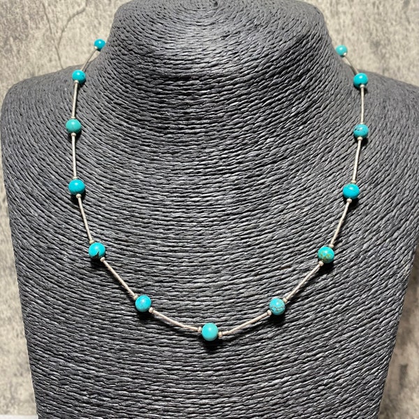 STERLING SILVER Turquoise Colour Beaded Necklace 925 Liquid Silver Chain 45cm 17.75" Southwestern Style Retro Vintage Layering Gift