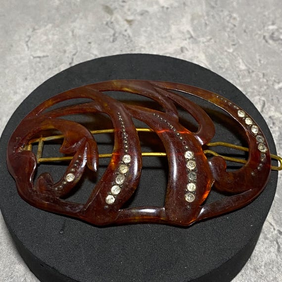 VINTAGE Art Deco Celluloid Oval Hair Clip 1930s Rhinestone  display picture 3