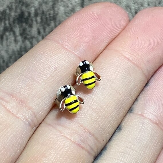 STERLING SILVER Tiny Enamel Bumble Bee Stud Earri… - image 6