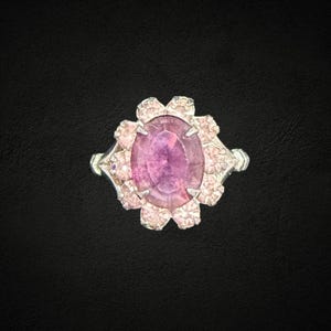 STERLING SILVER roze ovale clusterring maat M (6,25) verstelbaar art-decoglas vintage 925