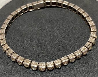 STERLING SILVER Art Deco Tennis Bracelet With Clear Paste Stones 925 Square Link Vintage Retro Antique Edwardian Gift Small 17cm 6.75"