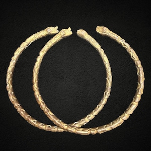 VINTAGE Ethnic Animal Head Torque Bangles x2 Etched Gold Tone Tribal Upper Arm Retro Pretty Gift Bought In Paris France