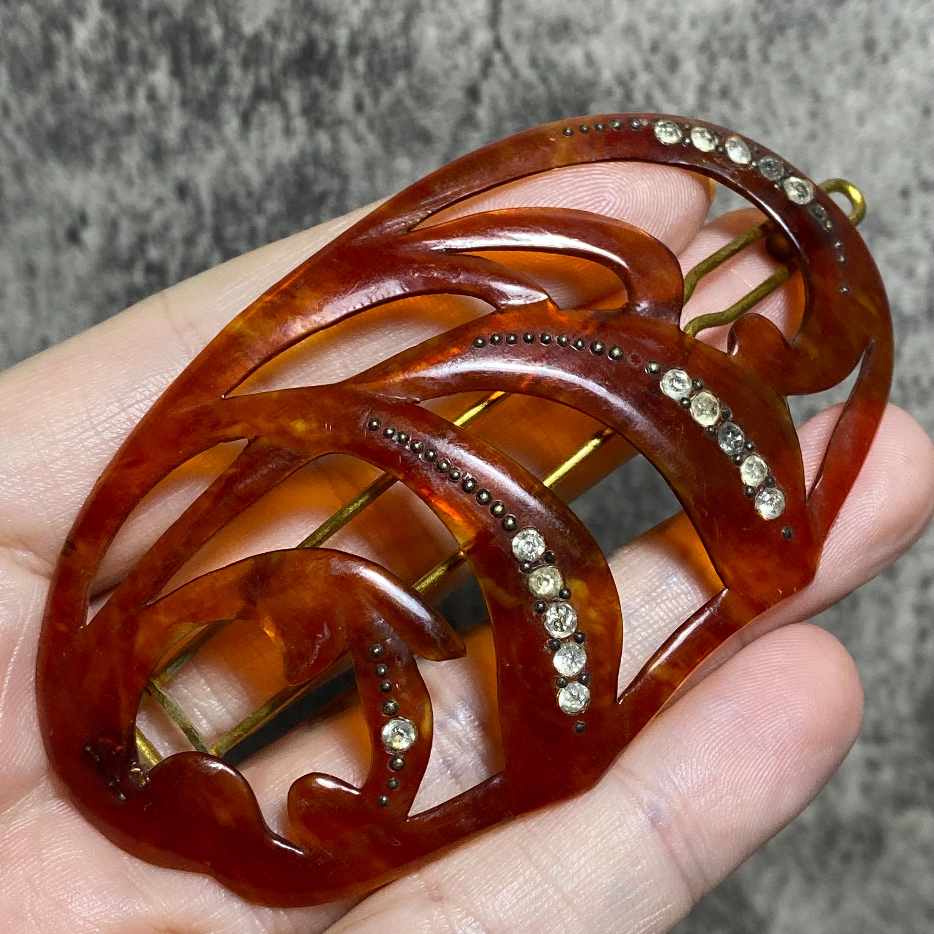 Rare 1930 Art Deco Hair Barrette Celluloid Tortoise Shell w Serious Rhinestones 1920s art deco diamond hair comb with south sea pearl main image 4