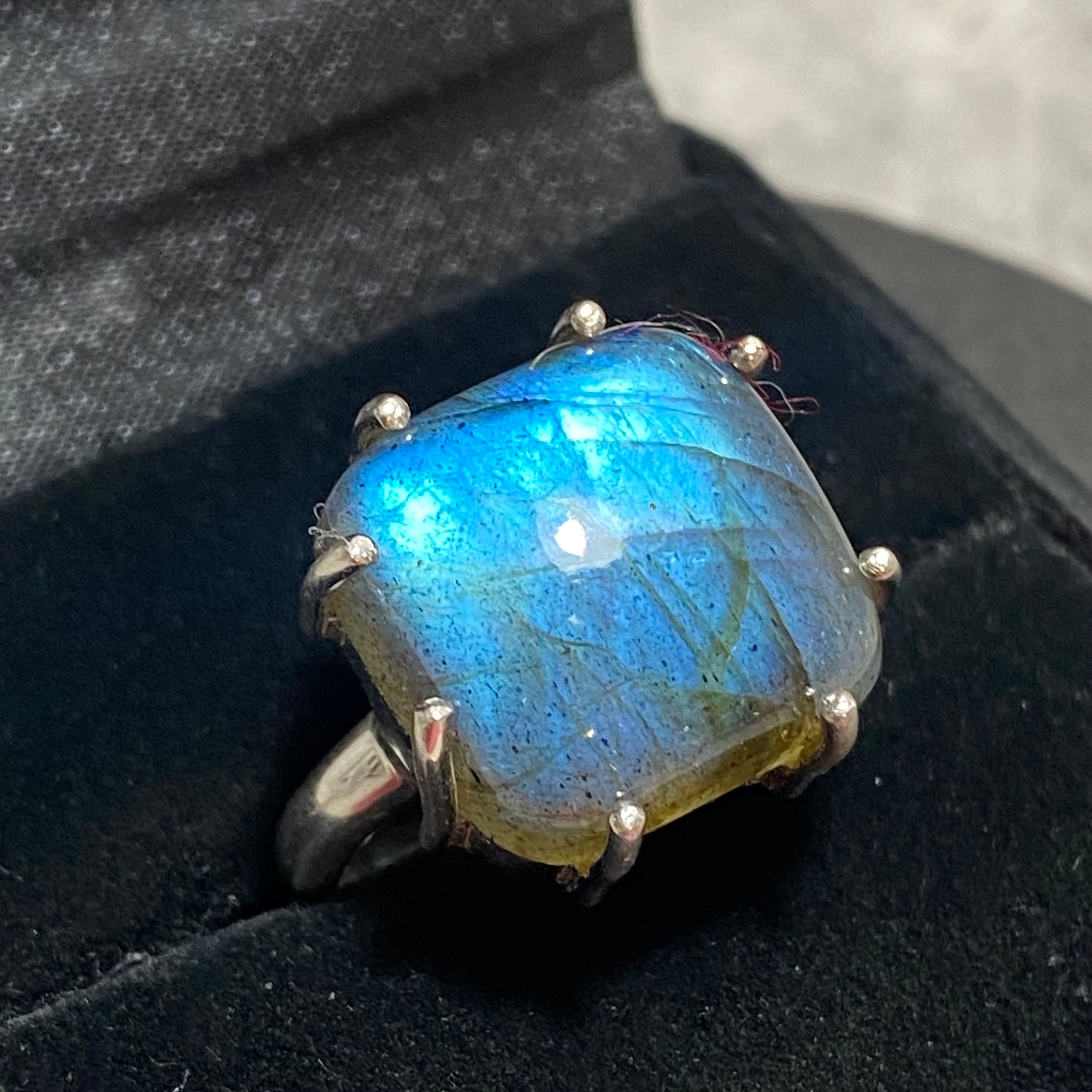 STERLING SILVER Labradorite Chunky Square Ring Size S (9) Blue