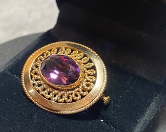 ヴィンテージ フランス製 金メッキ アメジストガラス オーバル