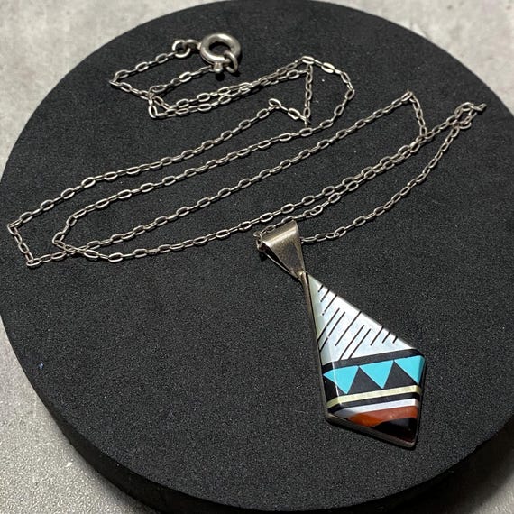 STERLING SILVER Native American Multi Stone Inlay Pendant Necklace
