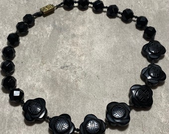 ANTIQUE French Jet Beaded Necklace Black Clover Shaped Collar
