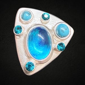 VINTAGE Dolce Vita Statement Ring Size M Blue Glass Cabochon Silver Tone French Designer