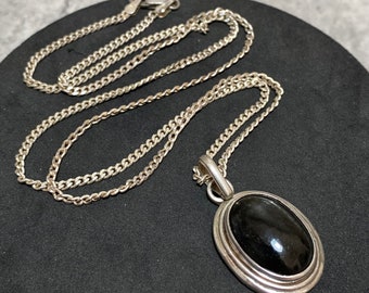 STERLING SILVER Black Moonstone Oval Pendant Necklace 925 Chain 50cm 19.5g healing 12.6g Retro Vintage Layering Gift