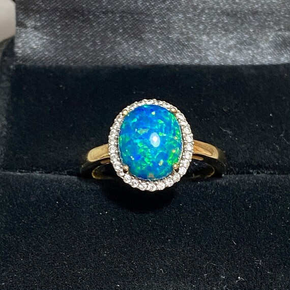 GOLD VERMEIL & Lab Opal Ring Size Q (8) Blue Gree… - image 3