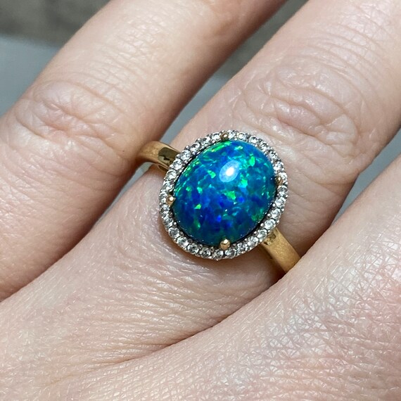 GOLD VERMEIL & Lab Opal Ring Size Q (8) Blue Gree… - image 5