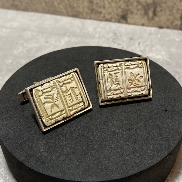 STERLING SILVER 925 Ethnic Carved Stone Cufflinks Mens Jewellery Aztec? Tribal Southwestern? Wedding Vintage Large Rectangle