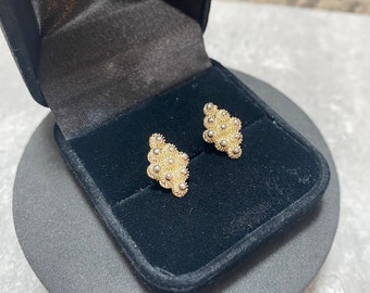 STERLING SILVER Etruscan Diamond Shaped Stud Earrings 925 Stamped Ethnic Floral Pretty Bohemian