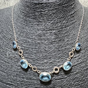 STERLING SILVER Art Deco Blue Glass Collar Necklace 44cm/17.25 Antique Oval Riviere Flapper Gatsby Chain 925 Retro Vintage Layering Gift