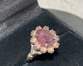 STERLING SILVER Pink Sparkly Cluster Ring Size M (6.25) Adjustable Art Deco Oval Glass Vintage 925 Stacking Boho