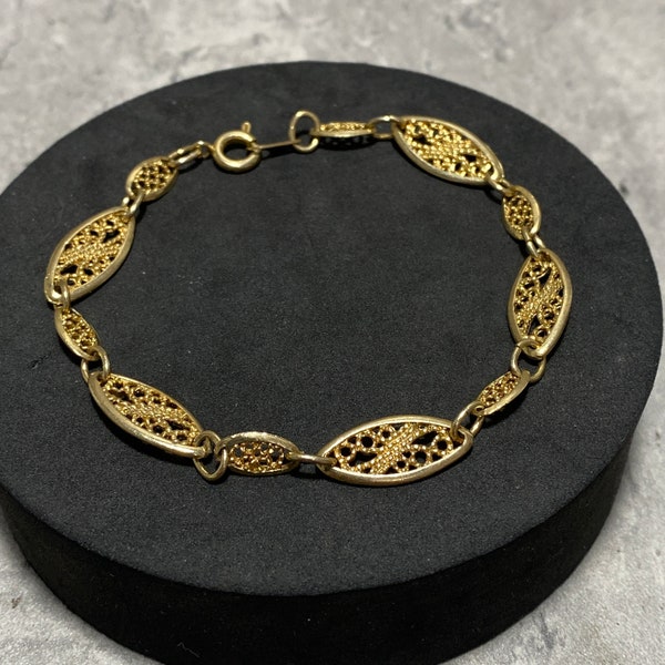 VINTAGE Fancy French Link Bracelet Oval Panel Chain Gold Tone Retro Kitsch 19cm 7.5" Bought In Lyon France