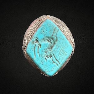 STERLING SILVER Turquoise Antelope Intaglio Ring Size Q/8 Ottoman Style Chunky Mens Ethnic Tribal Vintage Retro 925