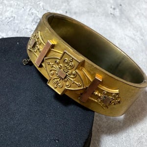 ANTIQUE Victorian Etruscan Style Bangle In Brass & Rolled Gold Scrollwork Stacking Vintage Retro Pretty Gift
