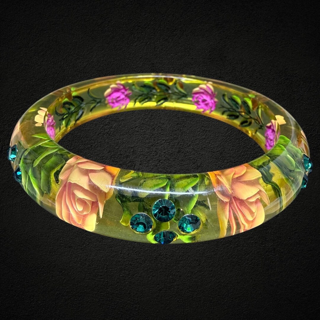 VINTAGE Floral Lucite Bangle by Jean Marie Poinot Reverse Carved Roses ...
