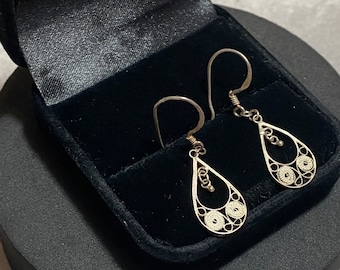 STERLING SILVER Filigree Teardrop Earrings 925 Stamped On Hooks Etruscan Bohemian Light Simple Pretty Ethnic