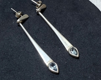 STERLING SILVER Aquamarine Teardrop Dangly Earrings Modernist Simple Long Designer Signed 925 Vintage Retro Kitsch Party Pretty