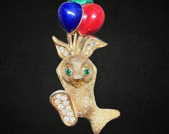 VINTAGE Attwood & Sawyer Rabbit With Balloons Brooch Bunny 22ct Gold Plated Green Crystal Eyes Retro Kitsch RARE
