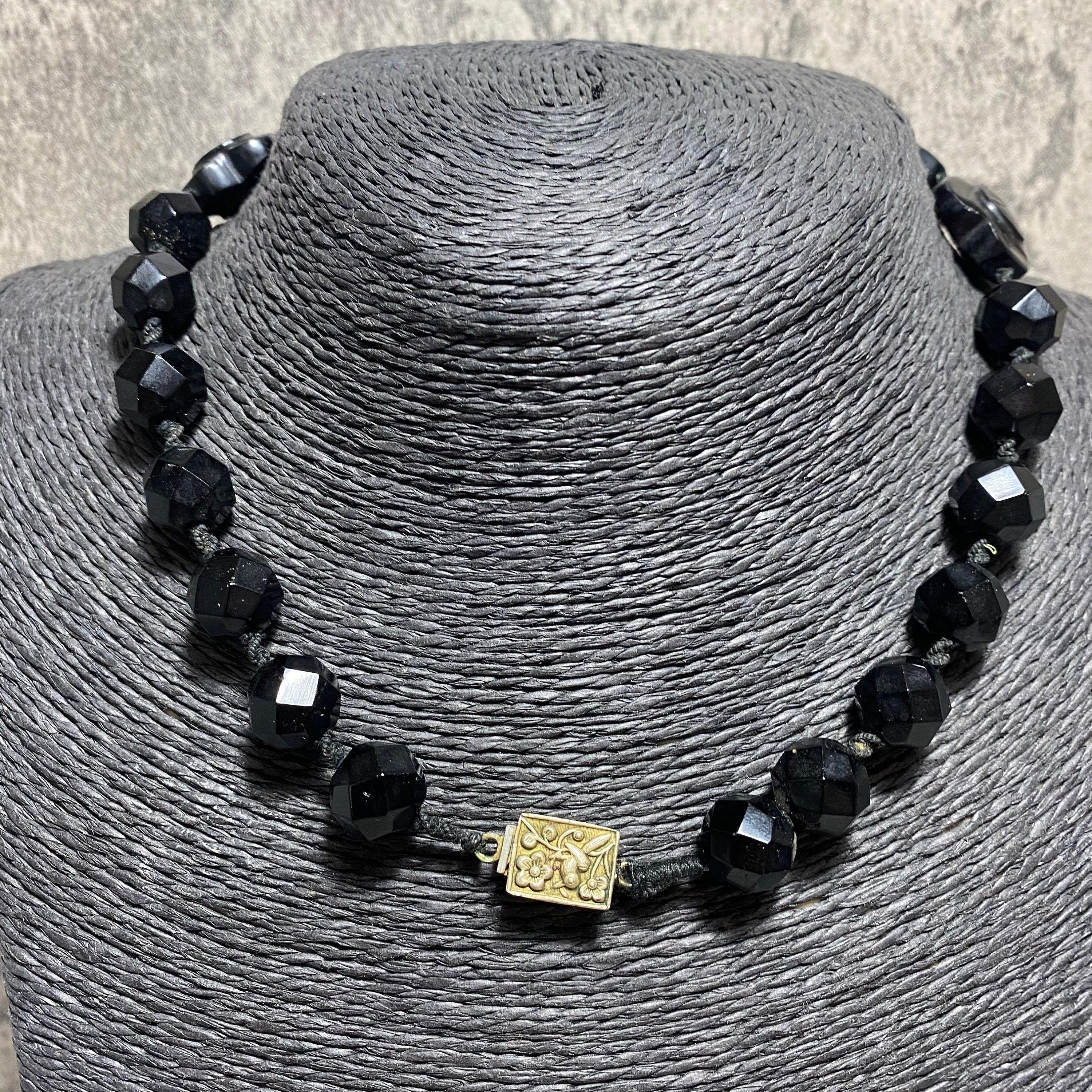 ANTIQUE French Jet Beaded Necklace Black Clover Shaped Collar