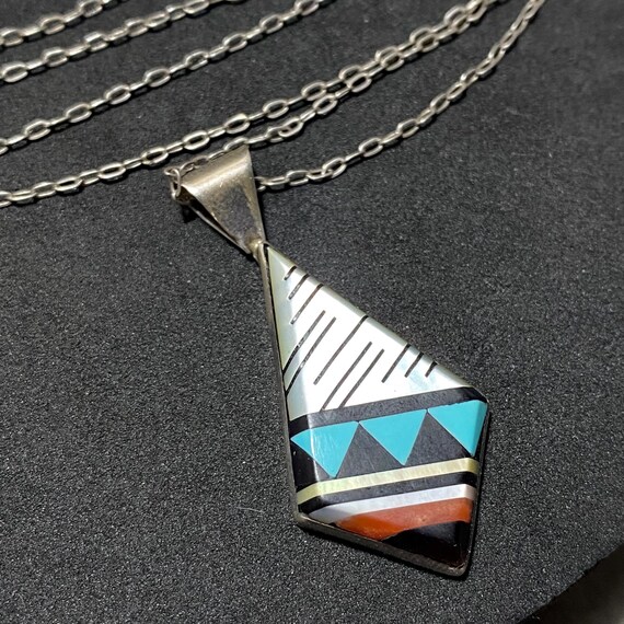 STERLING SILVER Native American Multi Stone Inlay Pendant Necklace