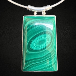 STERLING SILVER Huge Malachite Pendant Necklace 925 Snake Chain 42cm/16.5" Green Rectangle