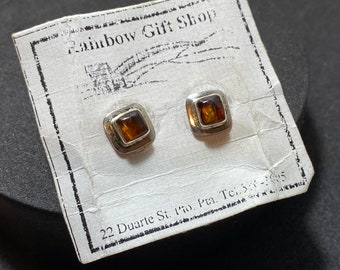 STERLING SILVER & Amber Square Stud Earrings 925 Stamped From The Dominican Republic On Card Pretty Autumnal Natural