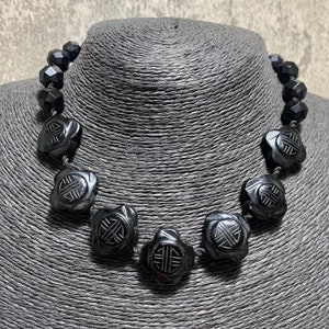 ANTIQUE French Jet Beaded Necklace Black Clover Shaped Collar Victorian Mourning Flower Slight Damage Retro Kitsch