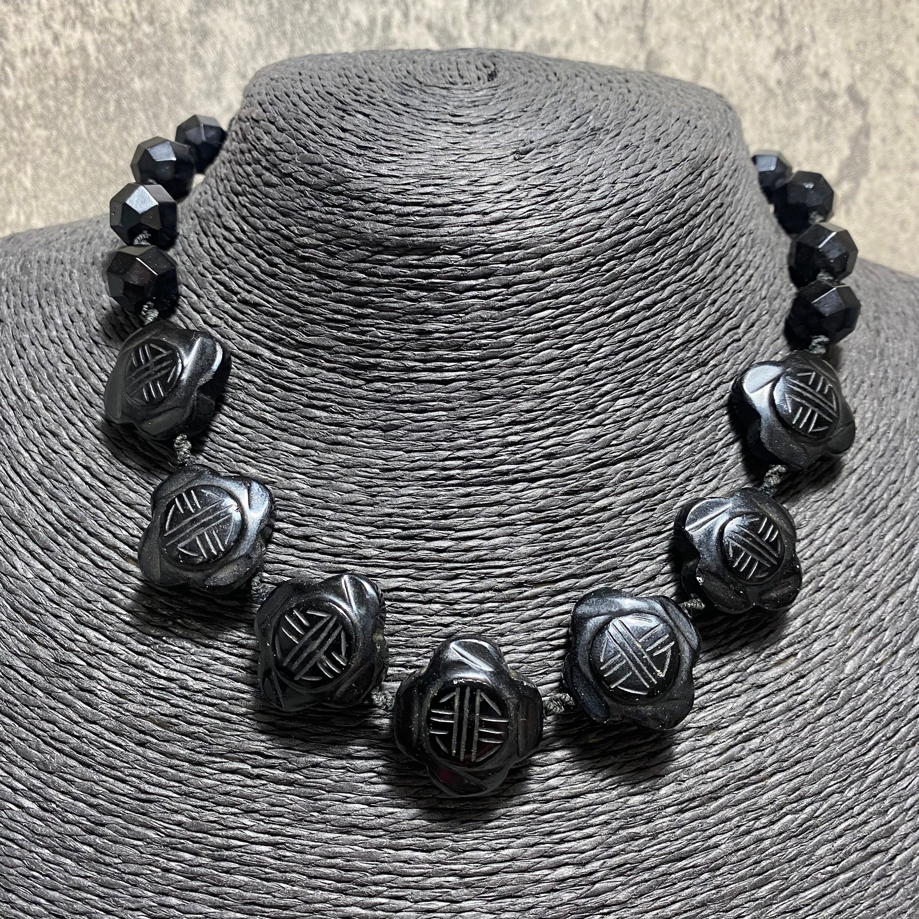 ANTIQUE French Jet Beaded Necklace Black Clover Shaped Collar
