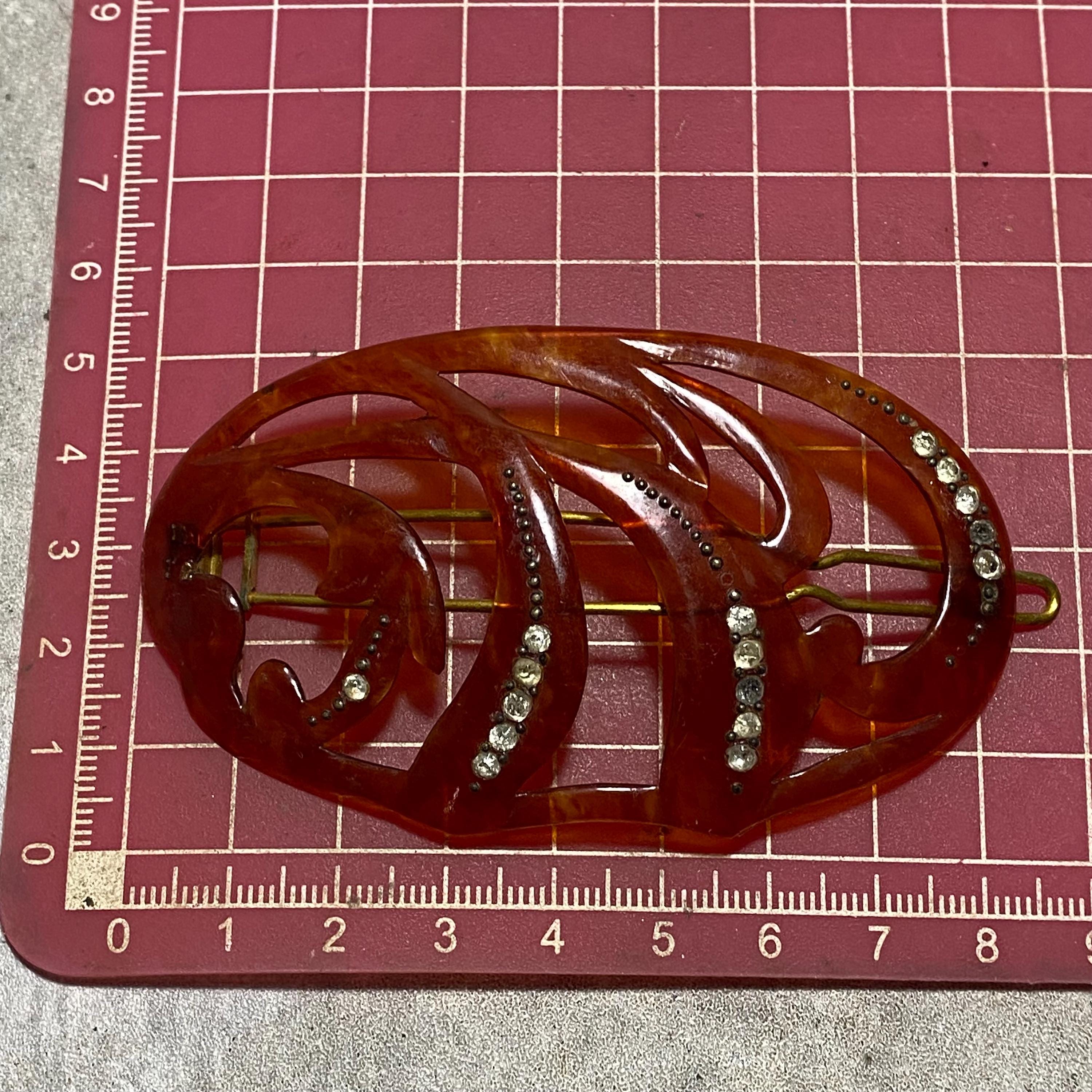Rare 1930 Art Deco Hair Barrette Celluloid Tortoise Shell w Serious Rhinestones Vintage Art Deco Tortoise Shell Celluloid Fan Hair Comb with  main image 2