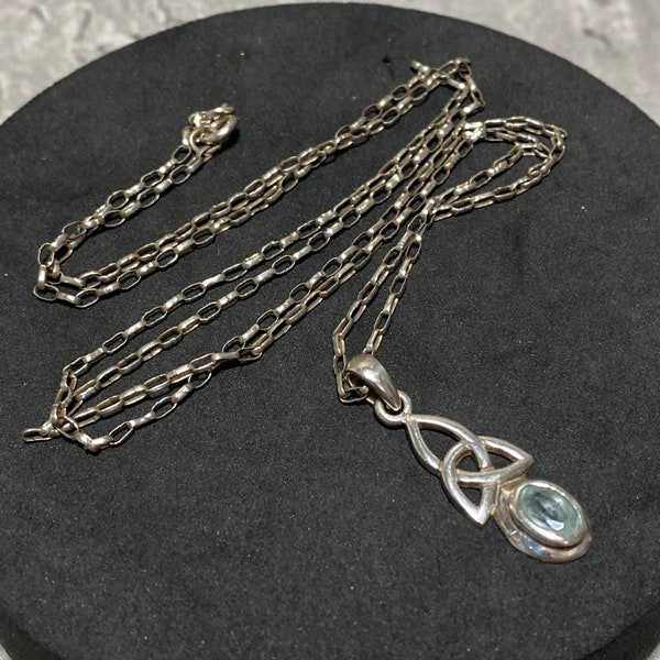 STERLING SILVER Celtic Trinity Knot Pendant Necklace With Blue Topaz 925 Chain 60cm 23.5" Irish Scottish Welsh Retro Vintage Layering Gift