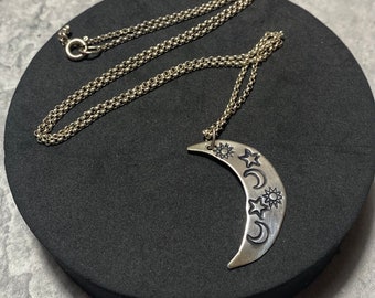STERLING SILVER Moon & Stars Crescent Pendant Necklace 925 Chain 50cm Retro Vintage Layering Handmade Etched Embossed Celestial 90s Y2K