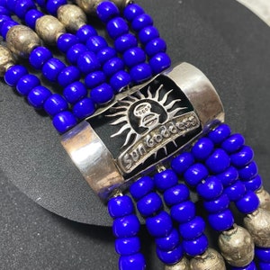 STERLING SILVER Sun Goddess Bracelet 925 Blue Glass Beaded Chunky Wide Boho Spiritual
