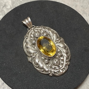GERMAN 800 SILVER Art Nouveau Citrine Pendant For Necklace Oval Repousse Roses Floral Arts & Crafts 1910's Retro Vintage Antique Gift