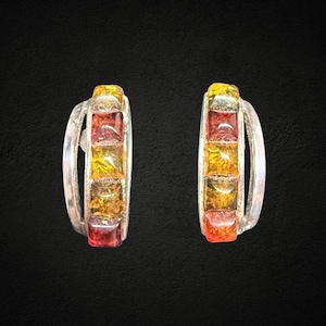 STERLING SILVER Multicoloured Amber Stud Earrings Curved Rectangle 925 Vintage Autumnal