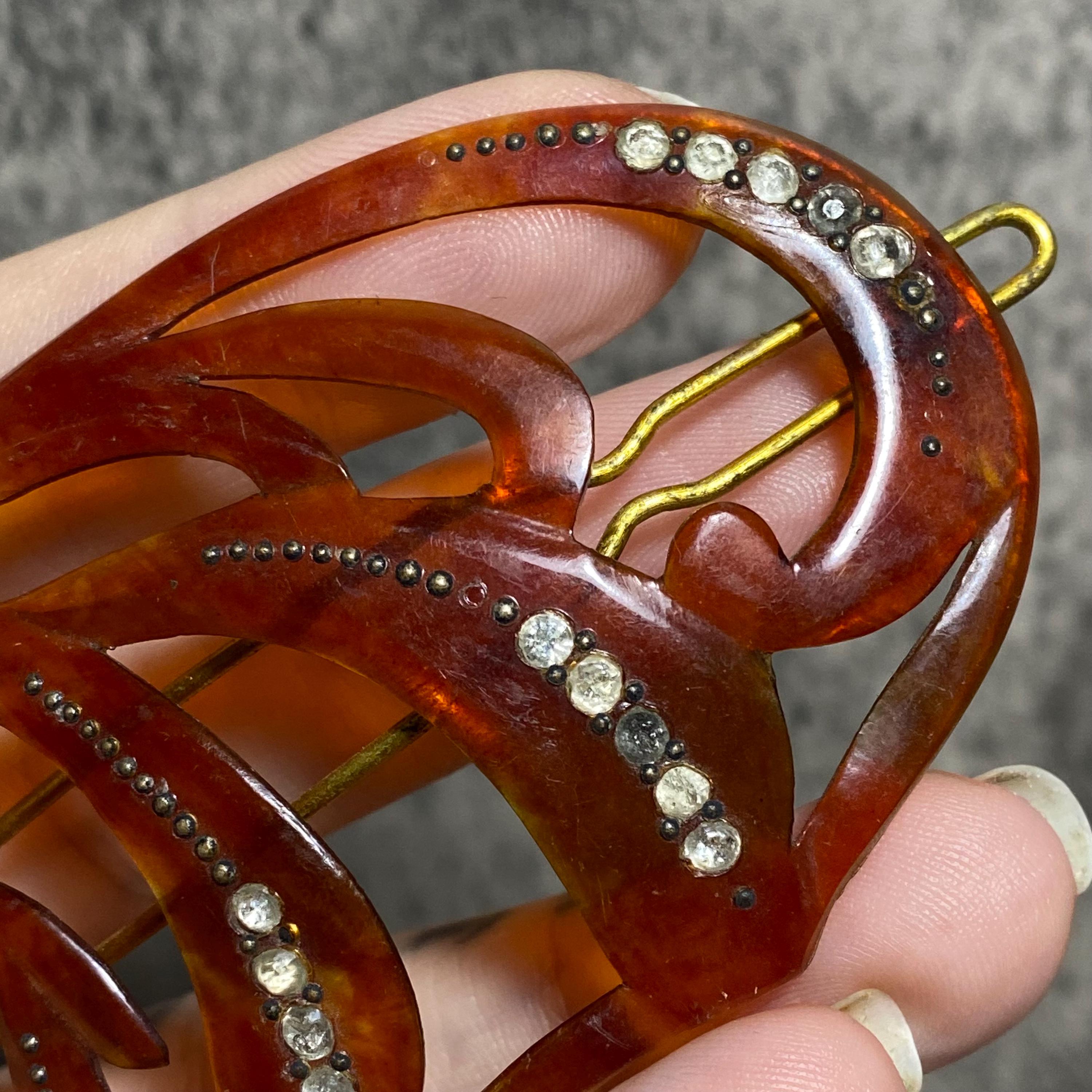 Rare 1930 Art Deco Hair Barrette Celluloid Tortoise Shell w Serious Rhinestones 1920s art deco diamond hair comb with south sea pearl main image 2