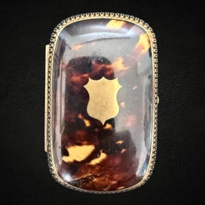 Porta-moedas/porta-rosário antigo em imitação de casco de tartaruga com detalhes em latão, estilo francês Napoleão III, vitoriano, década de 1800.