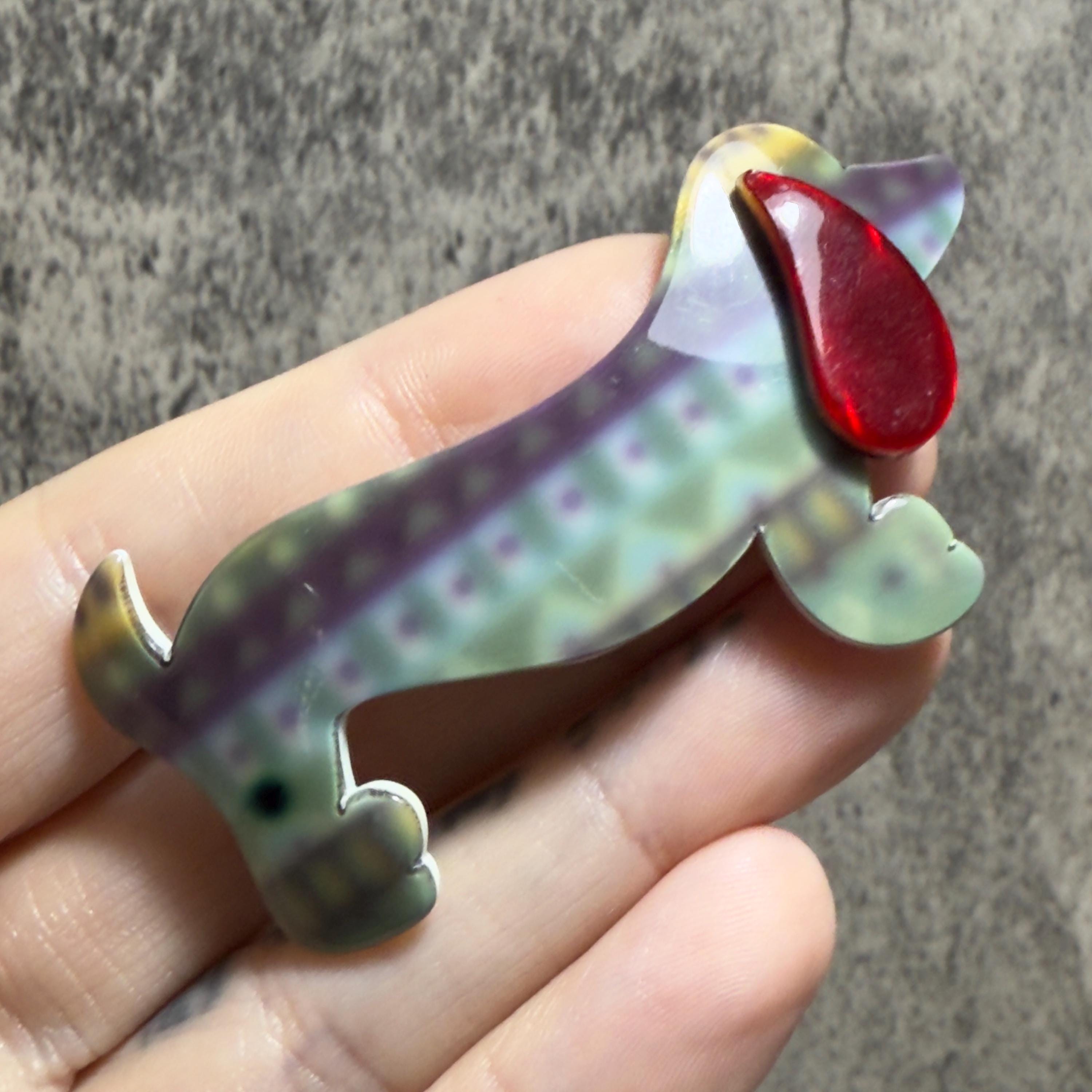 VINTAGE Lea Stein Dachshund Dog Brooch Lapel Pin Badge Plastic