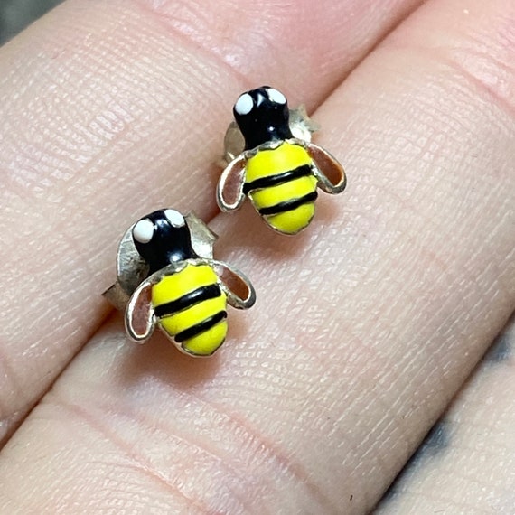 STERLING SILVER Tiny Enamel Bumble Bee Stud Earri… - image 5