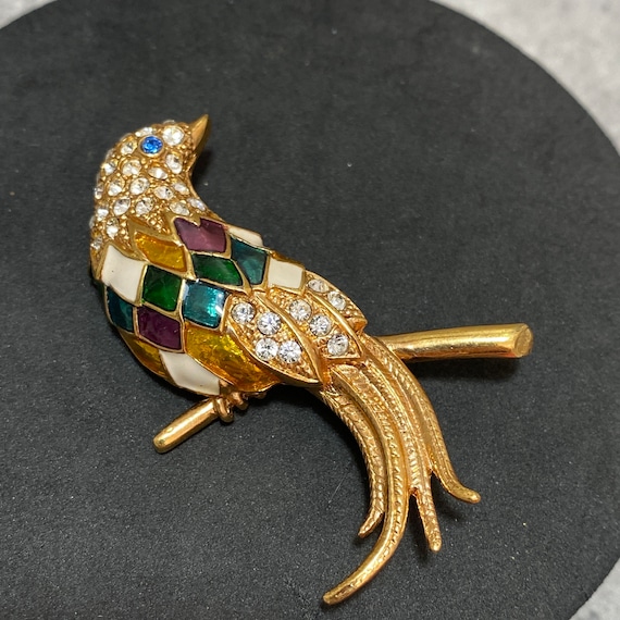 VINTAGE Carven Paris Bird Brooch Sparkly Harlequin Enamel 