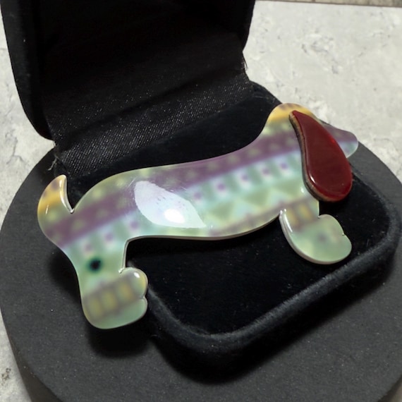 VINTAGE Lea Stein Dachshund Dog Brooch Lapel Pin Badge Plastic