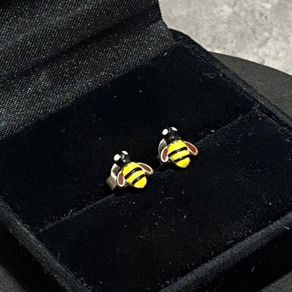 STERLING SILVER Tiny Enamel Bumble Bee Stud Earri… - image 2