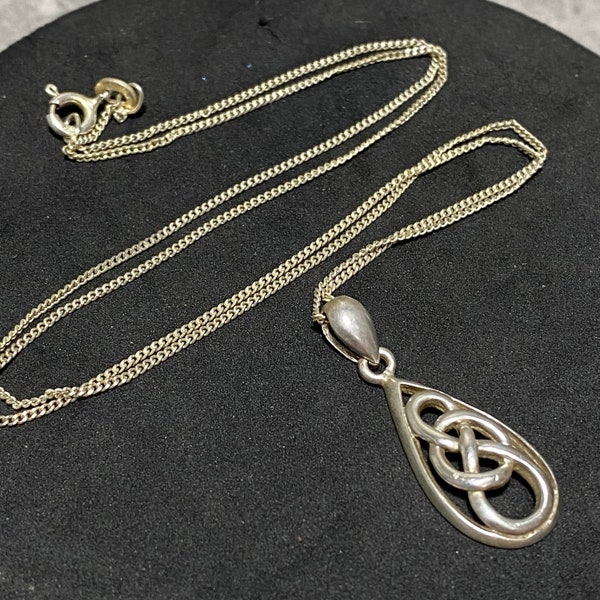 STERLING SILVER Celtic Knot Teardrop Pendant Necklace 925 Chain 45cm 17.75" Irish Scottish Welsh Love Retro Vintage Layering Gift