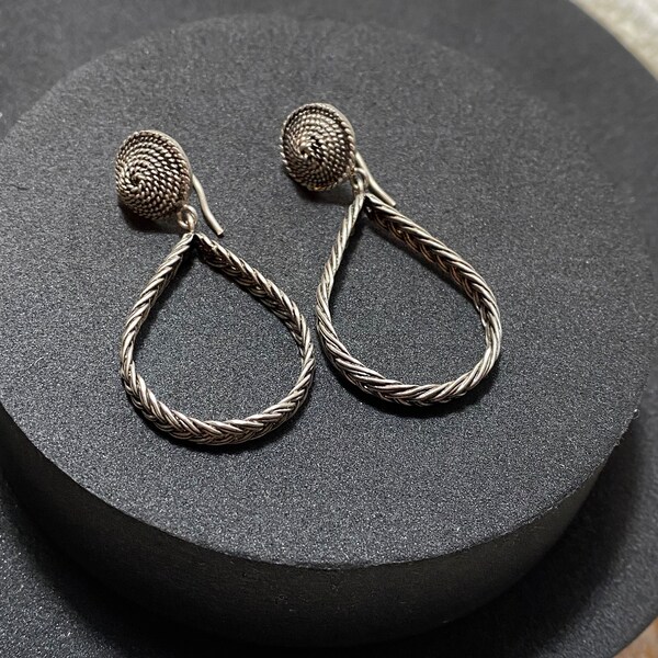 STERLING SILVER Ethnic Rope Loop Dangly Earrings Foreign 925 Stamped Teardrop Etruscan Boho Tribal Hooks